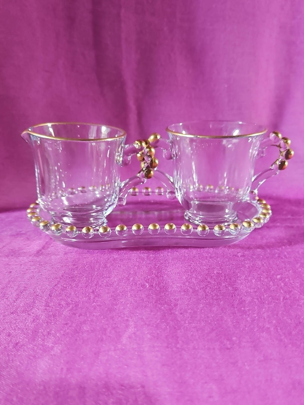 Elegant Gold-Beaded Imperial Glass Candlewick Creamer, Sugar & Tray